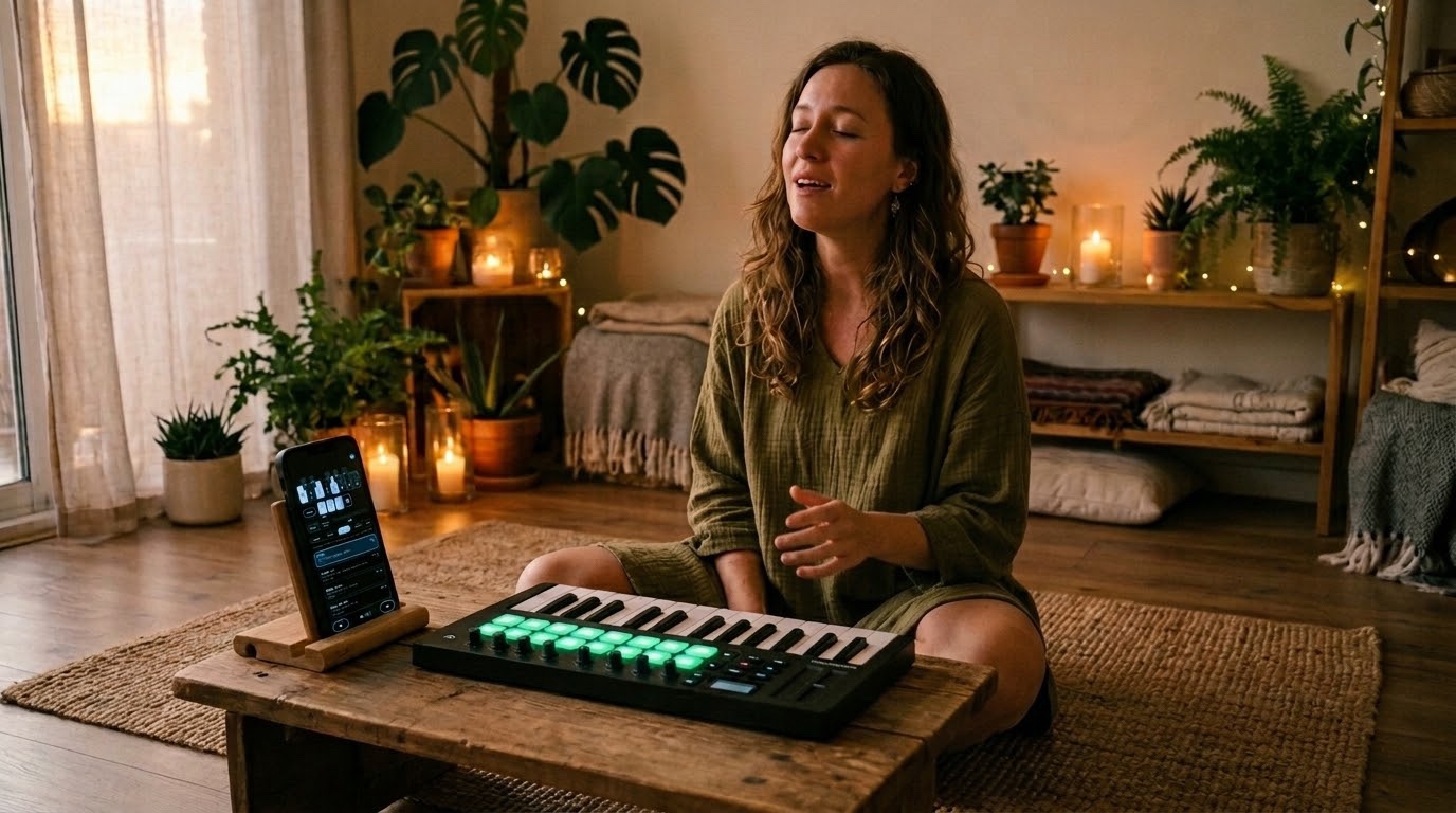 Singing over a drone, a small MIDI keyboard plugged into a phone that shows the shruti box